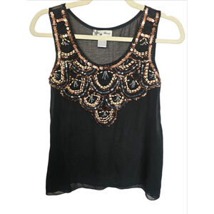 Orange Sleeveless Top Blouse Black Beaded Sequin Neckline Sheer Boho Small EUC